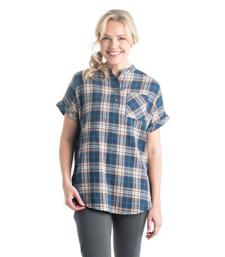 Women's Short Sleeve Popover Casual Plaid Shirt