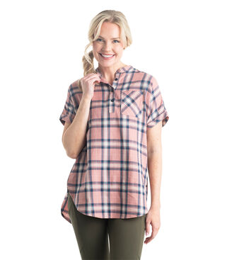 Women's Short Sleeve Popover Casual Plaid Shirt