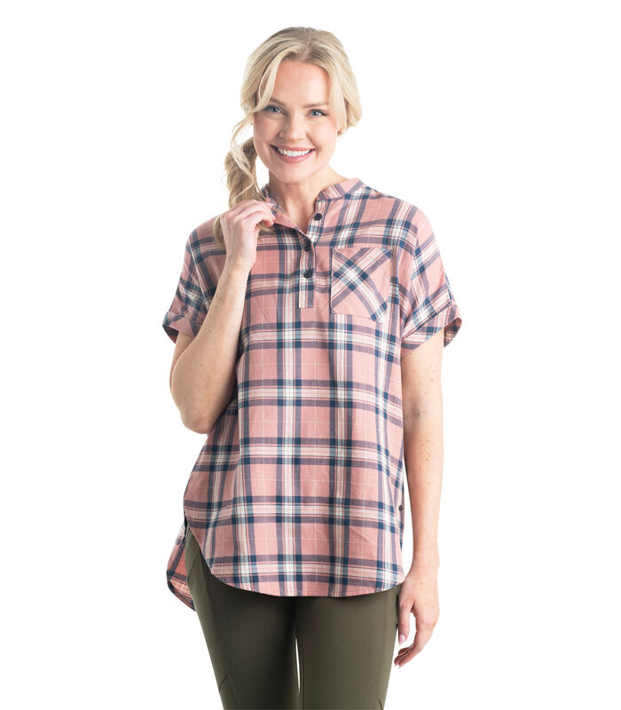 Women's Short Sleeve Popover Casual Plaid Shirt image number 0